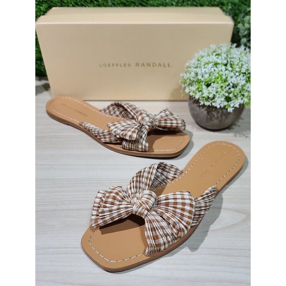 Loeffler Randall Rima Bow Slide Sandals Brown Gingham US Women's 10 NEW
